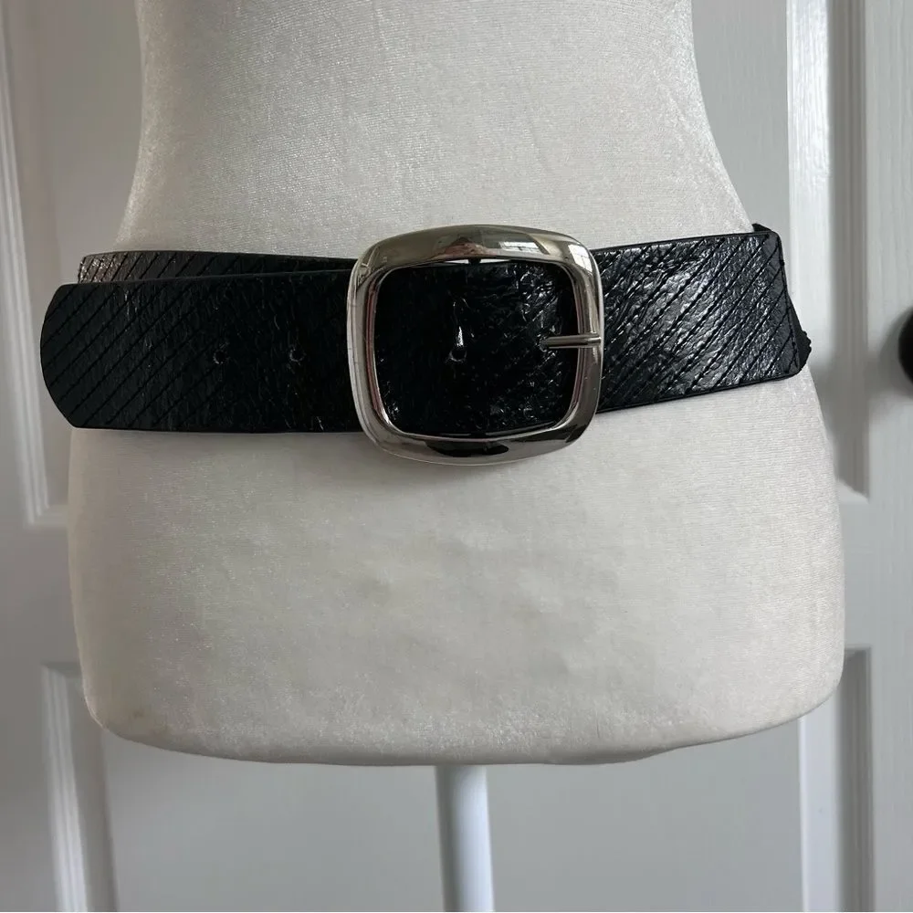 Black Wide Stretch Belt with Silver Statement Buckle Textured Faux Leather
